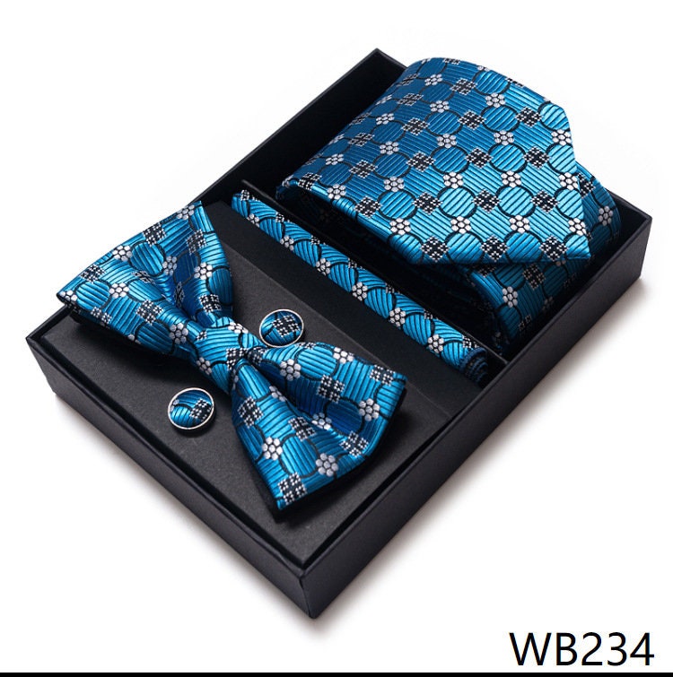 Luxury Blue Tie Set / Pocket Square Tie Bowtie Cufflinks Set / Wedding Tie / Tie Clips / Gift for him Mens Groomsmen Gift