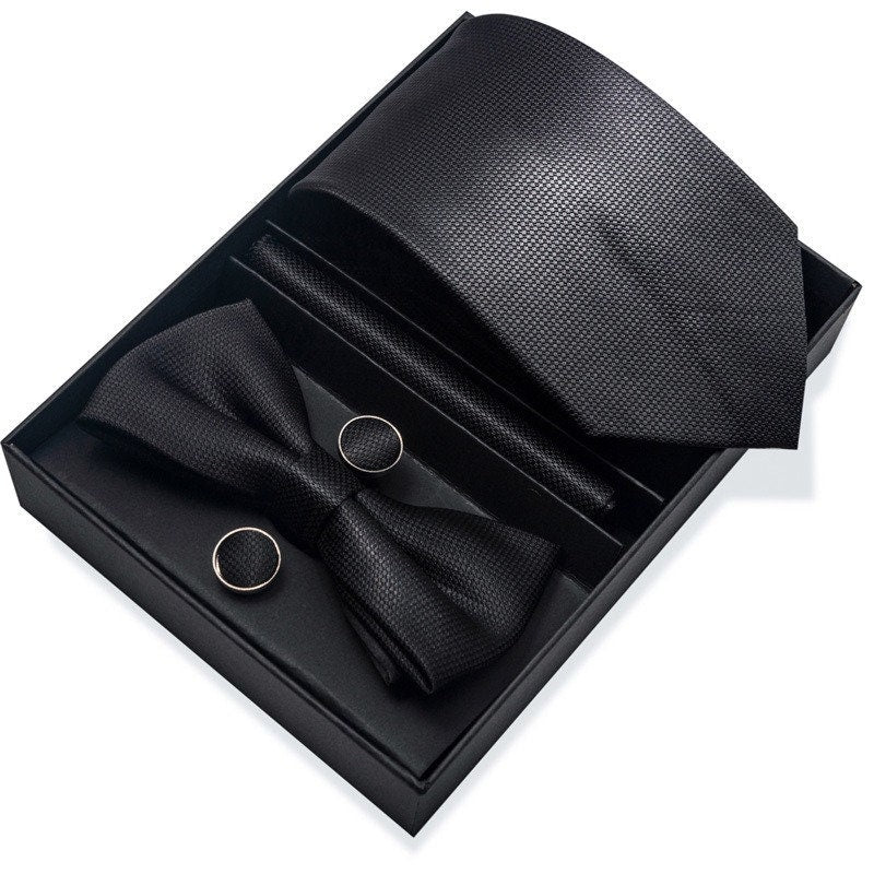 Black / Dark Square Necktie Set / Pocket Square Tie Bowtie Cufflinks Set / Wedding Tie / Tie Clips / Gift for him Mens Groomsmen Gift