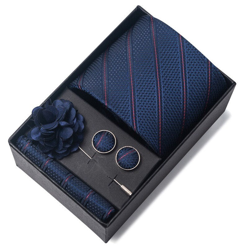 Navy Blue Stripe Necktie Set / Pocket Square Tie Bowtie Cufflinks Set / Wedding Tie / Tie Clips / Gift for him Mens Groomsmen Gift