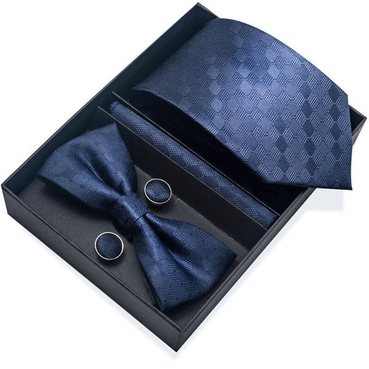 Navy Blue Pattern Tie Set / Pocket Square, Bowtie, Tie Clip, Cufflinks / Gift for Him / Wedding Groomsmen Gift / Men's Present / Gift Box