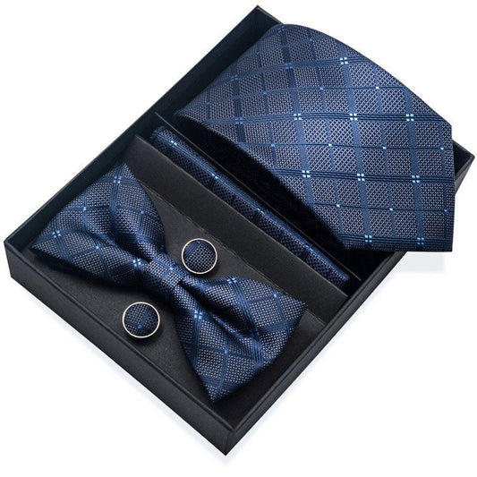 Navy Blue Plaid Pattern Necktie Set / Pocket Square Tie Bowtie Cufflinks Set / Wedding Tie / Tie Clips / Gift for him Mens Groomsmen Gift