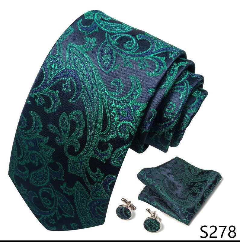 Navy Green Paisley Tie Set / Pocket Square Tie Bowtie Cufflinks Set / Wedding Tie / Tie Clips / Gift for him Mens anniversary Groomsmen Gift