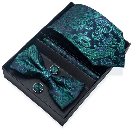 Navy Green Paisley Tie Set / Pocket Square Tie Bowtie Cufflinks Set / Wedding Tie / Tie Clips / Gift for him Mens anniversary Groomsmen Gift