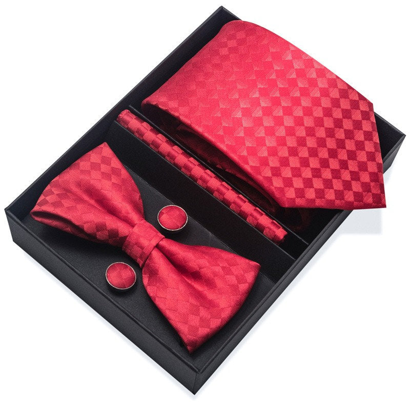 Solid Red Square Pattern Tie Set / Pocket Square, Bowtie, Tie Clip, Cufflinks / Gift for Him / Wedding Groomsmen Gift / Men's Present