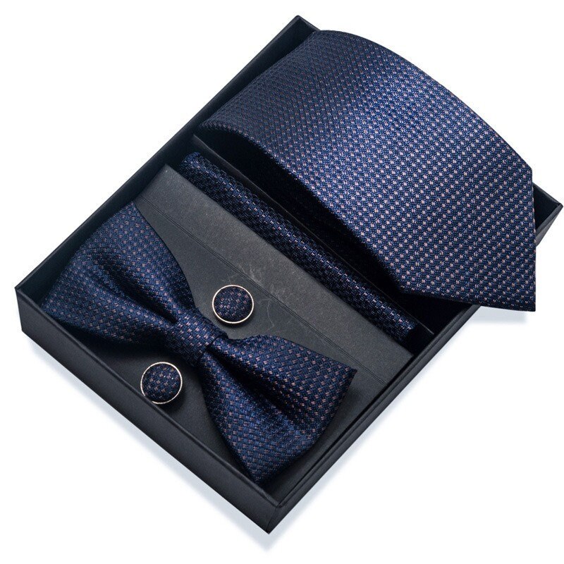 Navy Blue Pattern Necktie Set / Pocket Square Tie Bowtie Cufflinks Set / Wedding Tie / Tie Clips / Gift for him Mens Groomsmen Gift