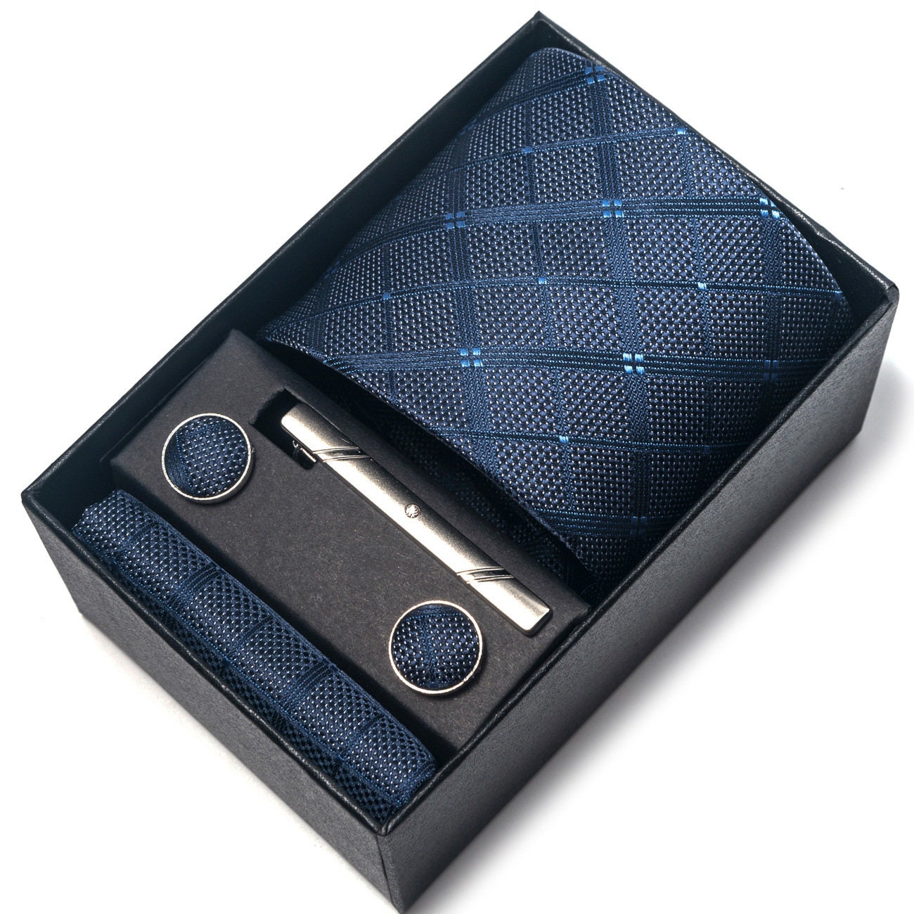 Navy Blue Plaid Pattern Necktie Set / Pocket Square Tie Bowtie Cufflinks Set / Wedding Tie / Tie Clips / Gift for him Mens Groomsmen Gift