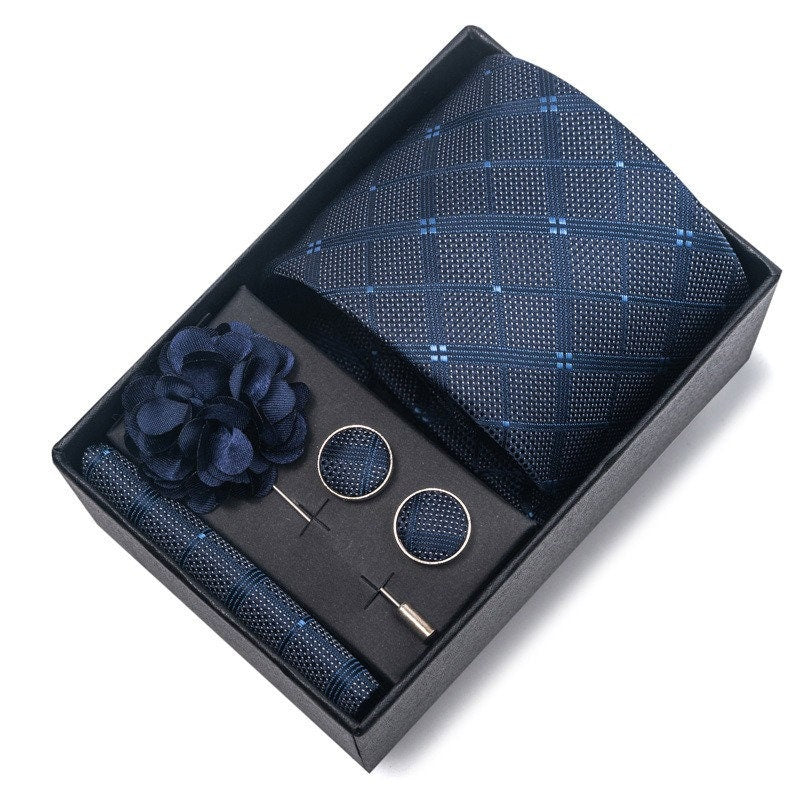 Navy Blue Plaid Pattern Necktie Set / Pocket Square Tie Bowtie Cufflinks Set / Wedding Tie / Tie Clips / Gift for him Mens Groomsmen Gift