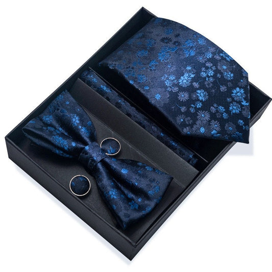 Navy Blue Leaf Flower Pattern Tie Set / Pocket Square, Bowtie, Tie Clip, Cufflinks / Gift for Him / Wedding Groomsmen Gift / Men's Present