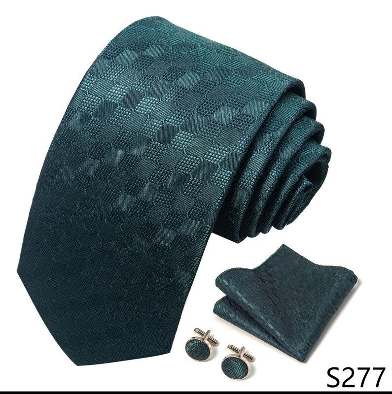 Dark Green Square Pattern Tie Set / Pocket Square, Bowtie, Tie Clip, Cufflinks / Gift for Him / Wedding Groomsmen Gift / Men's Present