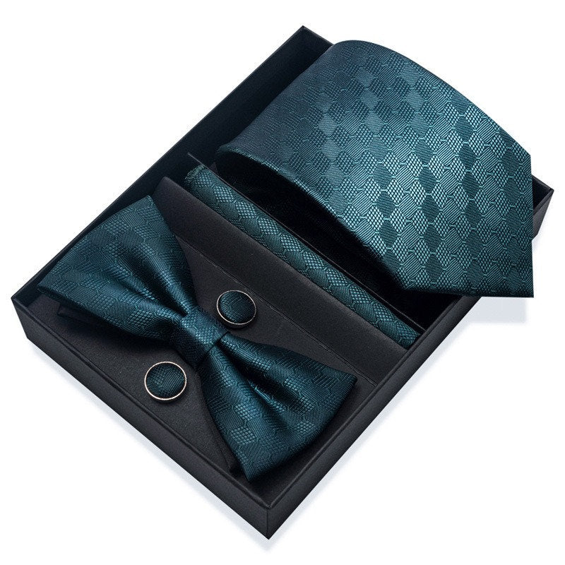 Dark Green Square Pattern Tie Set / Pocket Square, Bowtie, Tie Clip, Cufflinks / Gift for Him / Wedding Groomsmen Gift / Men's Present