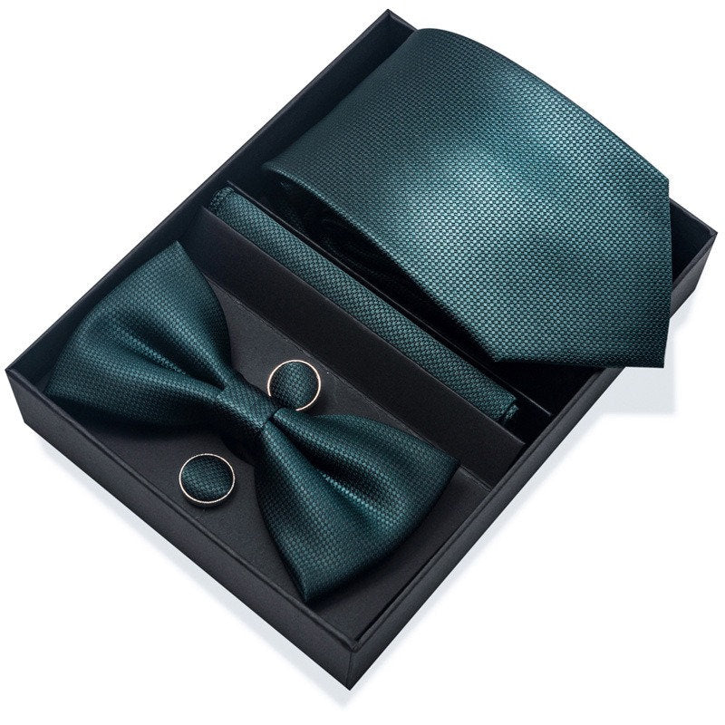 Green Square Pattern Tie Set / Pocket Square, Bowtie, Tie Clip, Cufflinks / Gift for Him / Wedding Groomsmen Gift / Men's Present