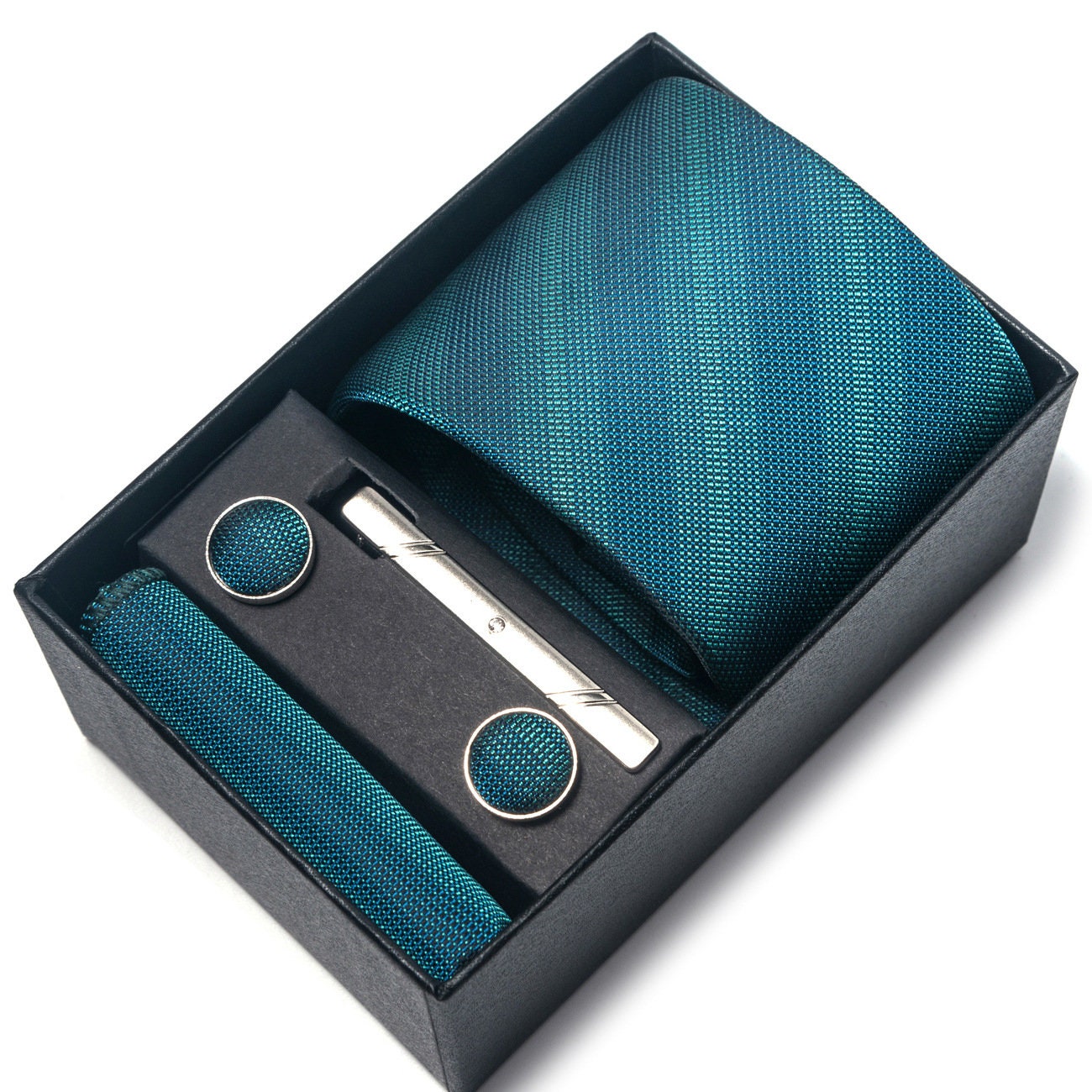 Navy Green Gradient Stripe Necktie Set / Pocket Square Tie Bowtie Cufflinks Set / Wedding Tie / Tie Clips / Gift for him Mens Groomsmen Gift