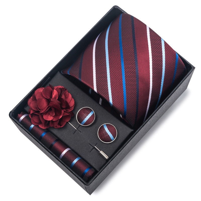 Red Wine Stripe Necktie Set / Pocket Square Tie Bowtie Cufflinks Set / Wedding Tie / Tie Clips / Gift for him Mens Groomsmen Gift