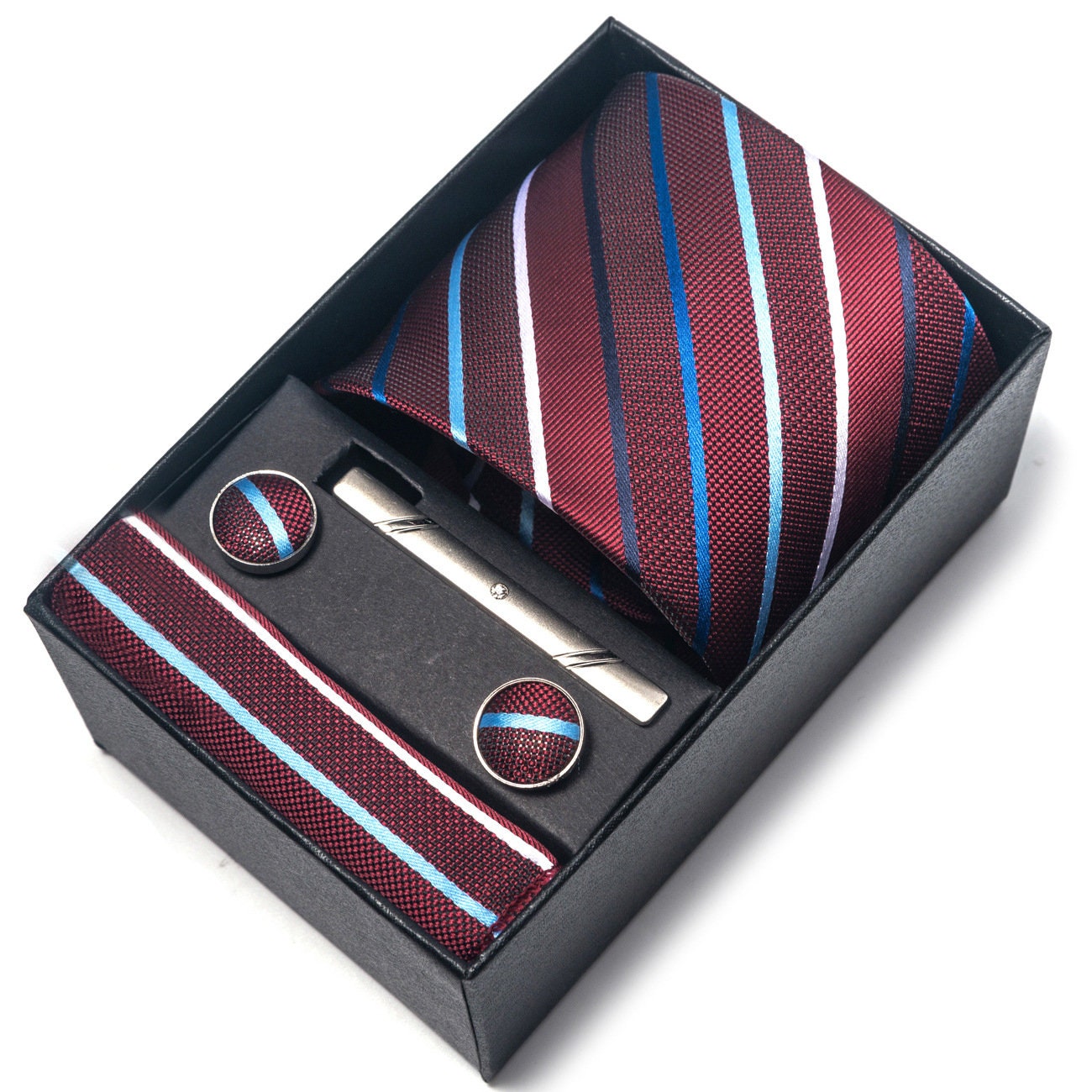 Red Wine Stripe Necktie Set / Pocket Square Tie Bowtie Cufflinks Set / Wedding Tie / Tie Clips / Gift for him Mens Groomsmen Gift