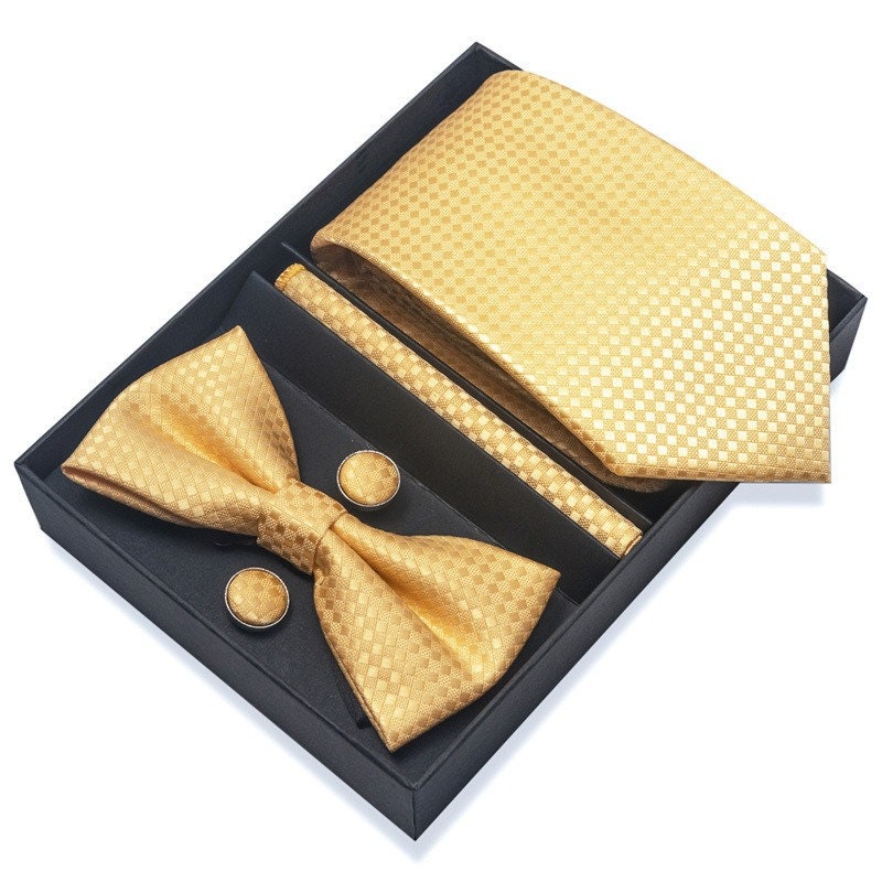 Gold Square Pattern Tie Set / Pocket Square, Bowtie, Tie Clip, Cufflinks / Gift for Him / Wedding Groomsmen Gift / Men's Present / Box