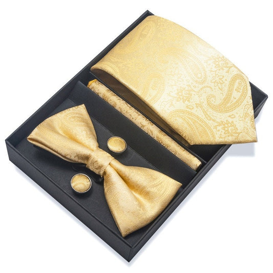 Gold Paisley Pattern Necktie Set / Pocket Square Tie Bowtie Cufflinks Set / Wedding Tie / Tie Clips / Gift for him Mens Groomsmen