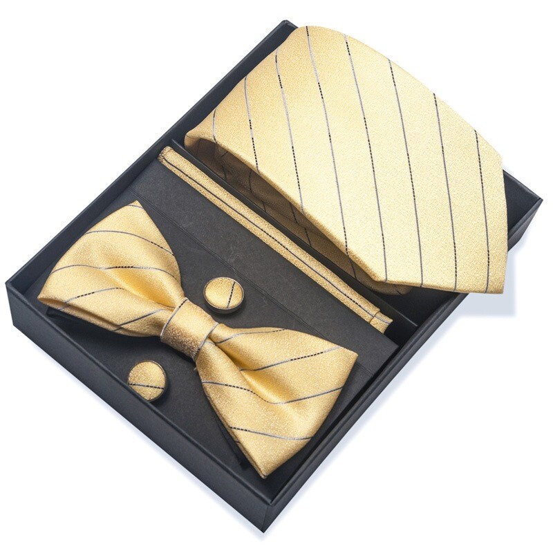 Gold Stripe Necktie Set / Pocket Square Tie Bowtie Cufflinks Set / Wedding Tie / Tie Clips / Gift for him Mens Groomsmen Gift