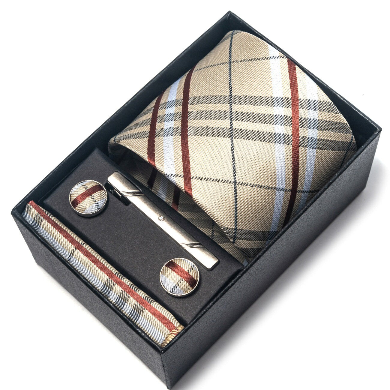 Khaki Milk Tea Stripe Necktie Set / Pocket Square Tie Bowtie Cufflinks Set / Wedding Tie / Tie Clips / Gift for him Mens Groomsmen Gift