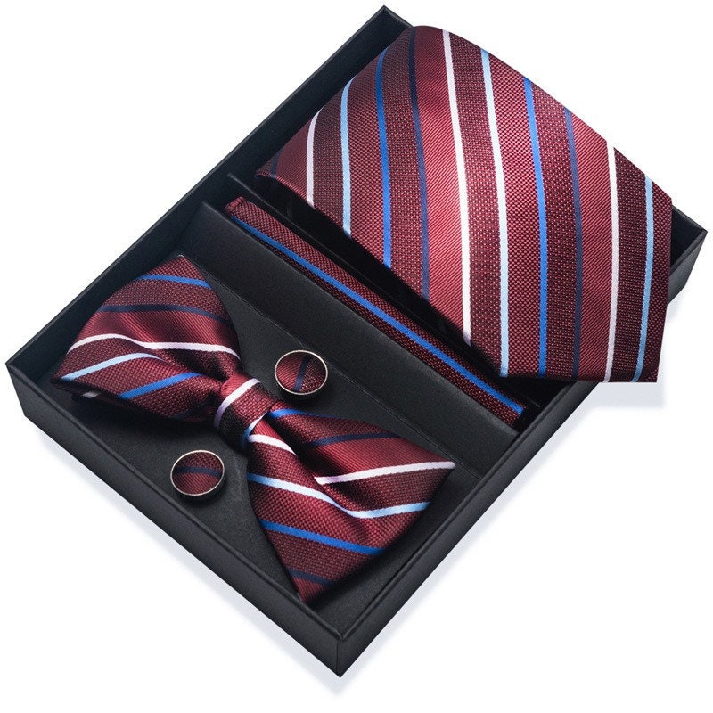 Red Wine Stripe Necktie Set / Pocket Square Tie Bowtie Cufflinks Set / Wedding Tie / Tie Clips / Gift for him Mens Groomsmen Gift