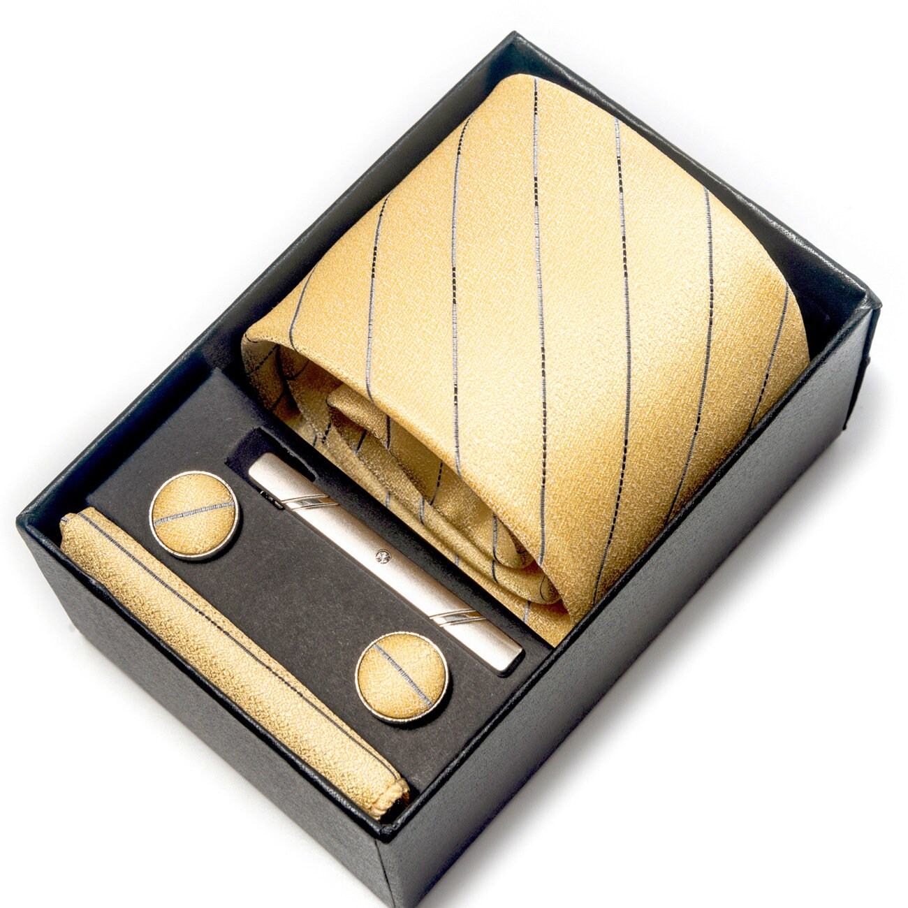 Gold Stripe Necktie Set / Pocket Square Tie Bowtie Cufflinks Set / Wedding Tie / Tie Clips / Gift for him Mens Groomsmen Gift