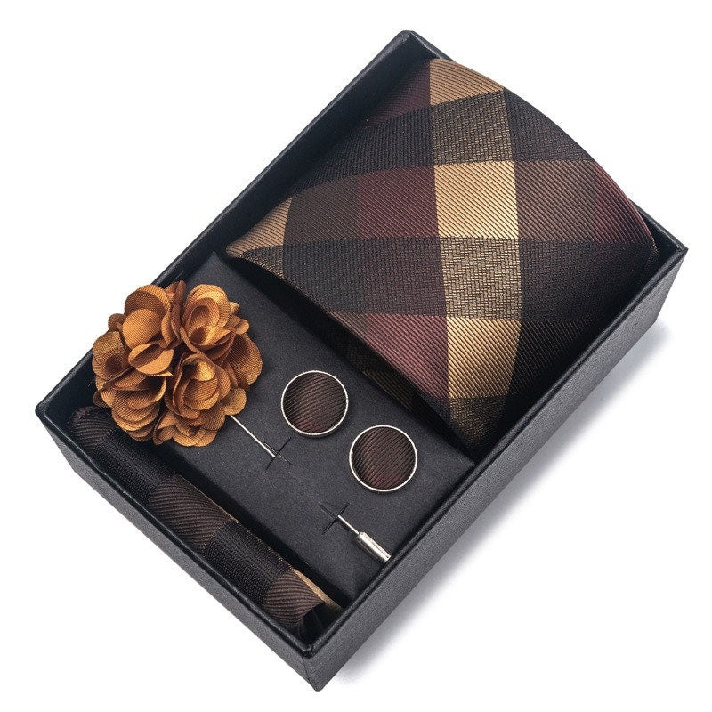 Brown Chocolate Plaid Stripe Tie Set / Pocket Square Tie Bowtie Cufflinks Set / Wedding Tie / Tie Clips / Gift for him Mens Groomsmen Gift