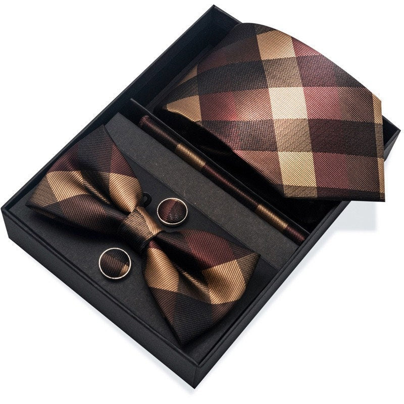 Brown Chocolate Plaid Stripe Tie Set / Pocket Square Tie Bowtie Cufflinks Set / Wedding Tie / Tie Clips / Gift for him Mens Groomsmen Gift