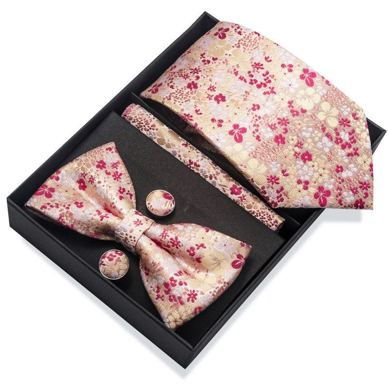 Pink Sakura Floral Paisley Tie Set / Pocket Square, Bowtie, Tie Clip, Cufflinks / Gift for Him / Wedding Groomsmen Gift / Men's Gift Box