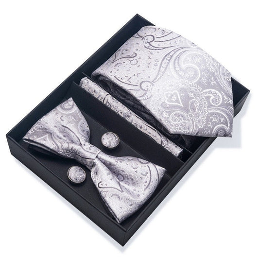 Silver Paisley Pattern Necktie Set / Pocket Square Tie Bowtie Cufflinks Set / Wedding Tie / Tie Clips / Gift for him Mens Groomsmen Gift