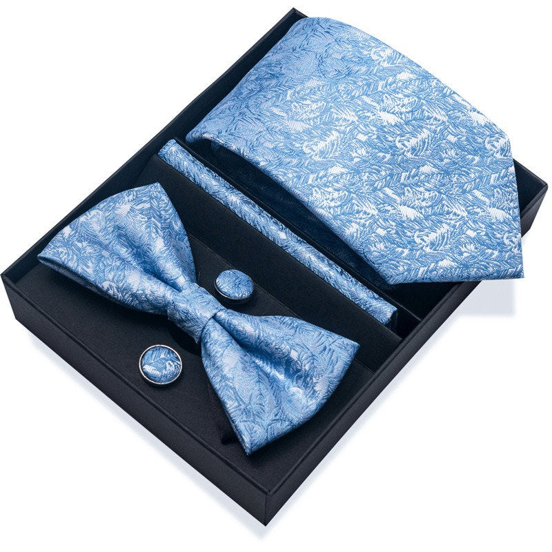 Sky Blue Floral Pattern Tie Set / Pocket Square, Bowtie, Tie Clip, Cufflinks / Gift for Him / Wedding Groomsmen Gift / Men Present Box