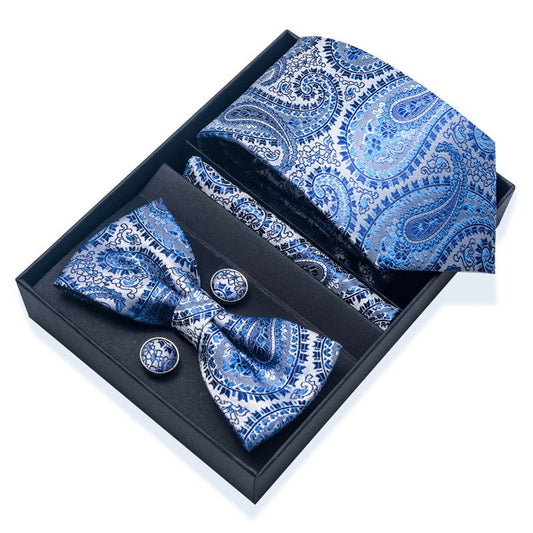 Silver Blue Floral Pattern Tie Set / Pocket Square, Bowtie, Tie Clip, Cufflinks / Gift for Him / Wedding Groomsmen Gift / Men Present Box