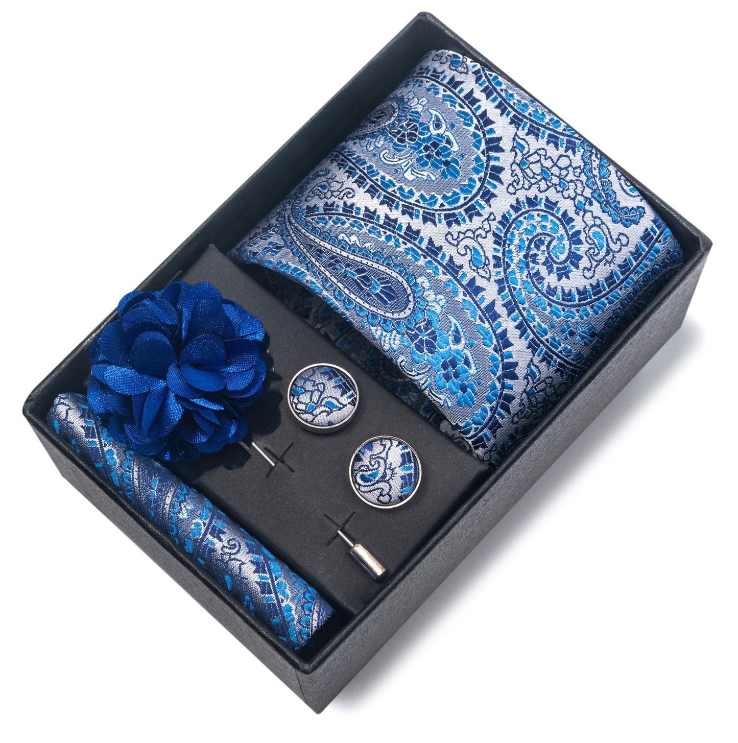 Silver Blue Floral Pattern Tie Set / Pocket Square, Bowtie, Tie Clip, Cufflinks / Gift for Him / Wedding Groomsmen Gift / Men Present Box