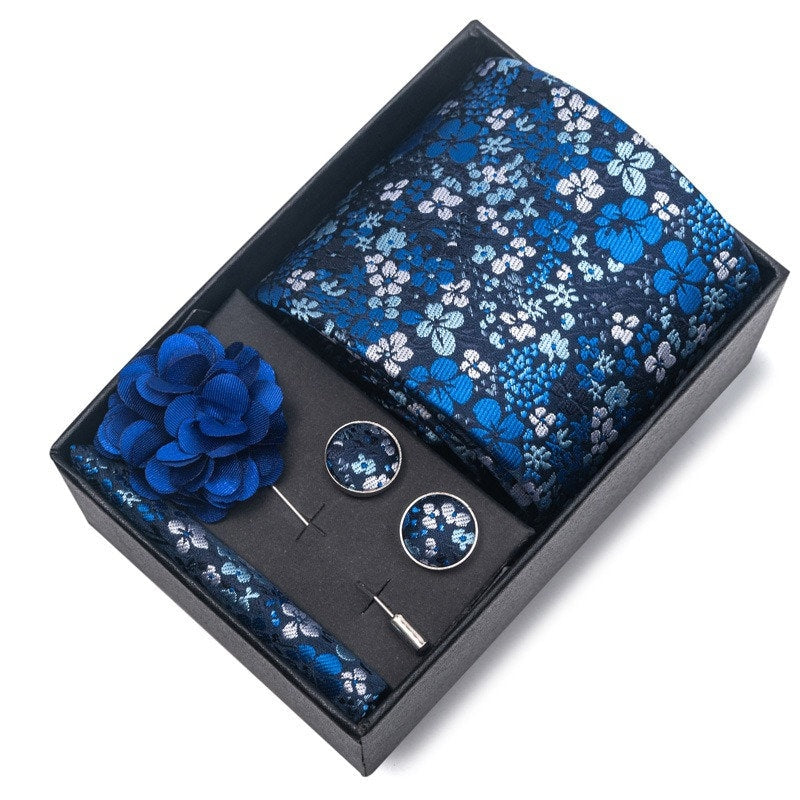 Blue Sakura Floral Pattern Tie Set / Pocket Square, Bowtie, Tie Clip, Cufflinks / Gift for Him / Wedding Groomsmen Gift / Men's Gift Box