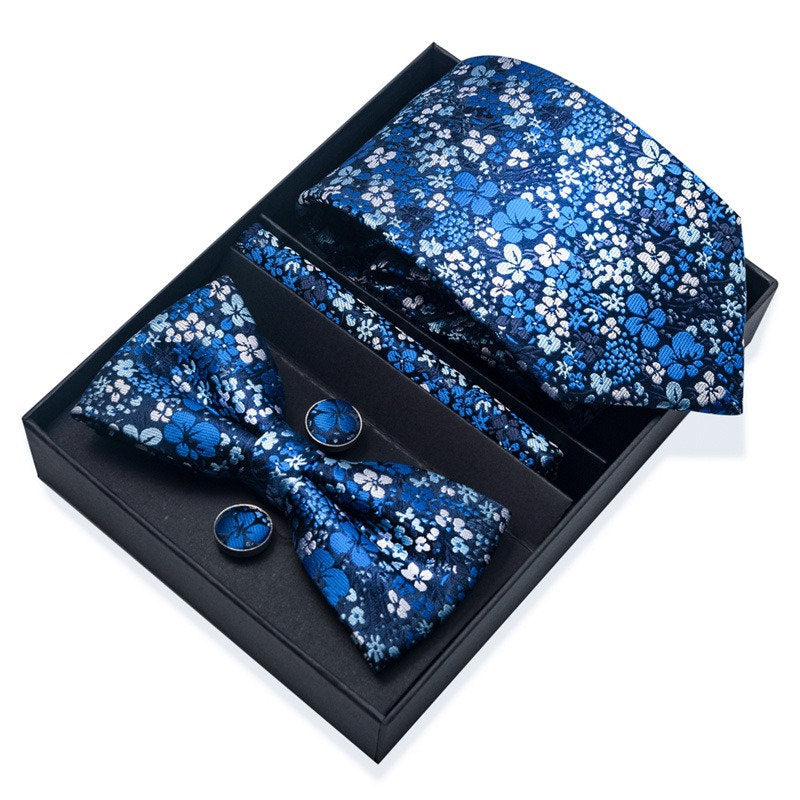 Blue Sakura Floral Pattern Tie Set / Pocket Square, Bowtie, Tie Clip, Cufflinks / Gift for Him / Wedding Groomsmen Gift / Men's Gift Box