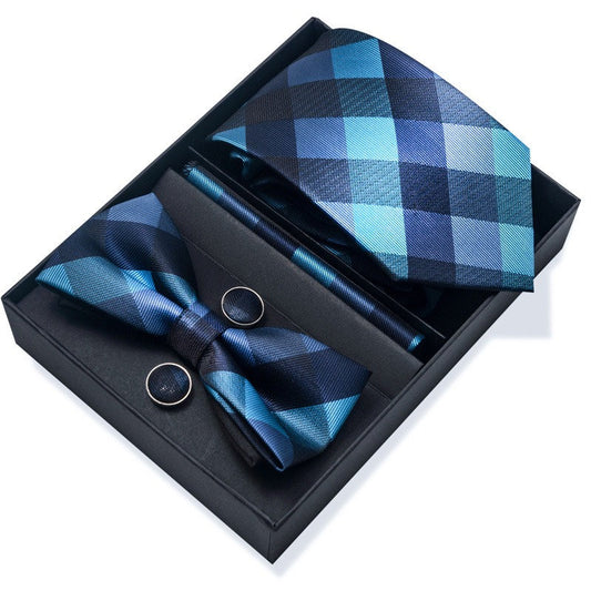 Blue Square Plaid Stripe Tie Set / Pocket Square Tie Bowtie Cufflinks Set / Wedding Tie / Tie Clips / Gift for him Mens Groomsmen Gift