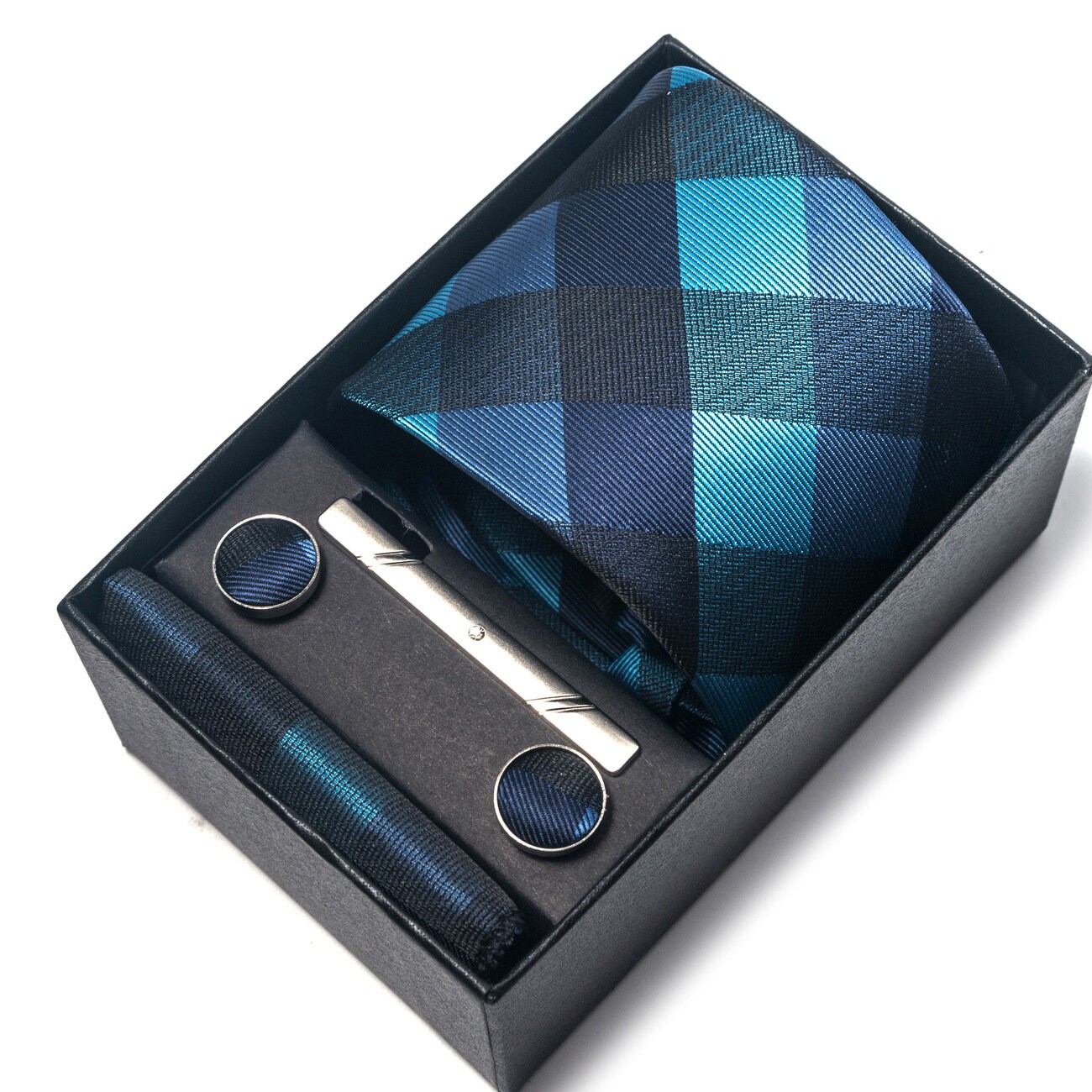 Blue Square Plaid Stripe Tie Set / Pocket Square Tie Bowtie Cufflinks Set / Wedding Tie / Tie Clips / Gift for him Mens Groomsmen Gift