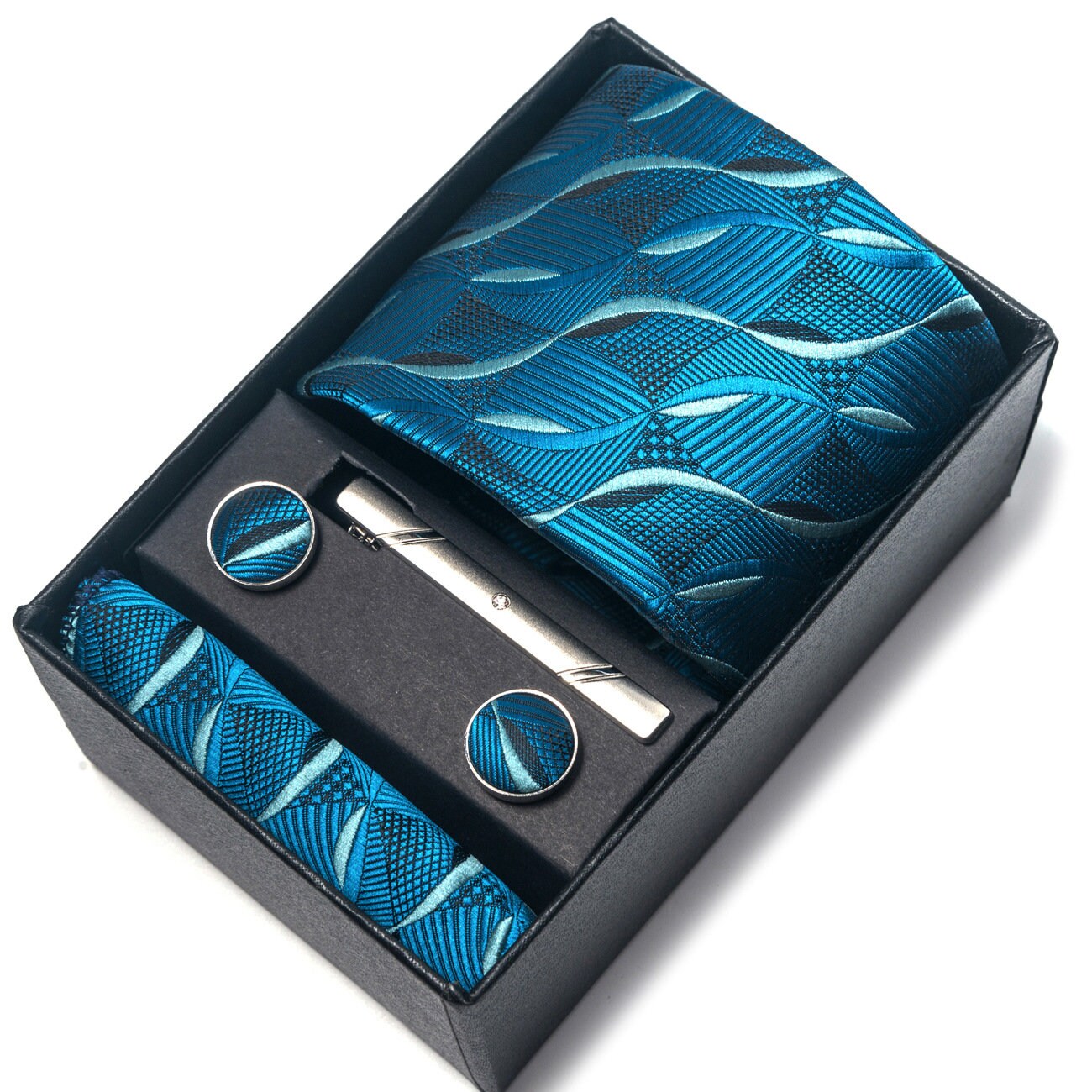 Ocean Blue Motion Pattern Tie Set / Pocket Square Tie Bowtie Cufflinks Set / Wedding Tie / Tie Clips / Gift for him Mens Groomsmen Gift