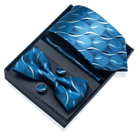 Ocean Blue Motion Pattern Tie Set / Pocket Square Tie Bowtie Cufflinks Set / Wedding Tie / Tie Clips / Gift for him Mens Groomsmen Gift