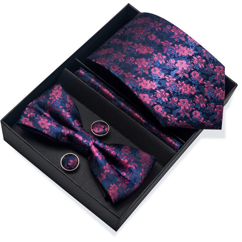 Purple Floral Pattern Tie Set / Pocket Square, Bowtie, Tie Clip, Cufflinks / Gift for Him / Wedding Groomsmen Gift / Men's Gift Box