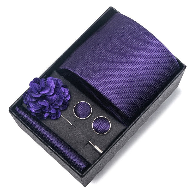 Purple Pattern Necktie Set / Pocket Square Tie Bowtie Cufflinks Set / Wedding Tie / Tie Clips / Gift for him Mens Groomsmen Gift