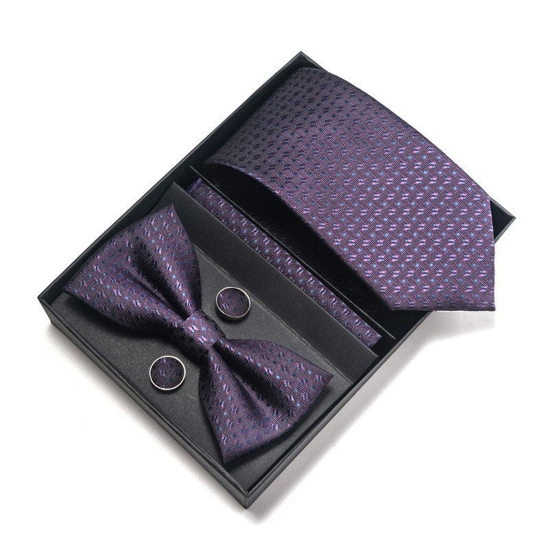 Dark Purple Pattern Necktie Set / Pocket Square Tie Bowtie Cufflinks Set / Wedding Tie / Tie Clips / Gift for him Mens Groomsmen Gift