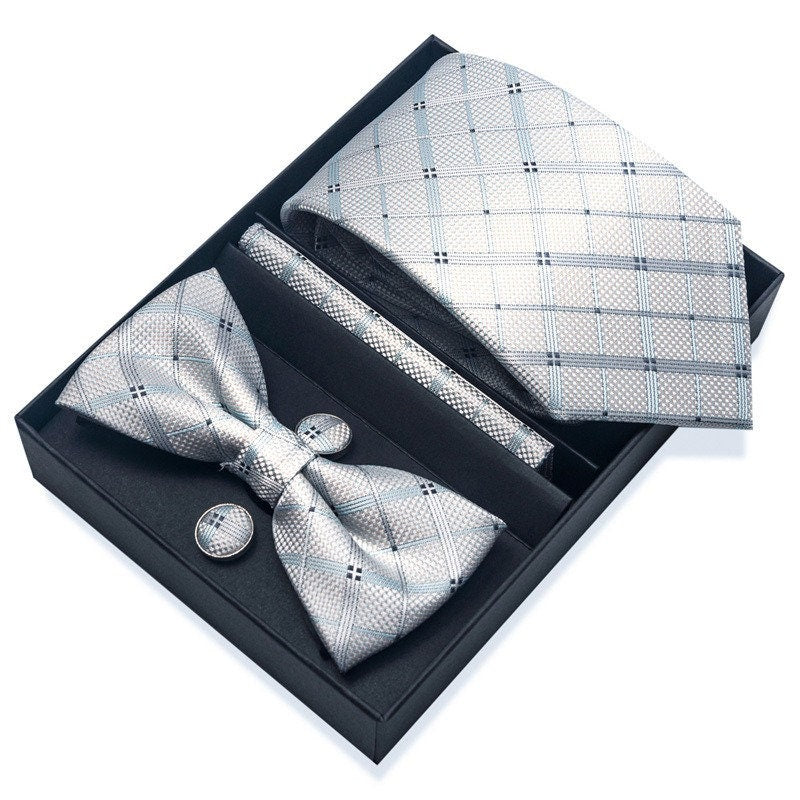 Silver Blue Stripe Pattern Tie Set / Pocket Square, Bowtie, Tie Clip, Cufflinks / Gift for Him / Wedding Groomsmen Gift / Men Gift Box