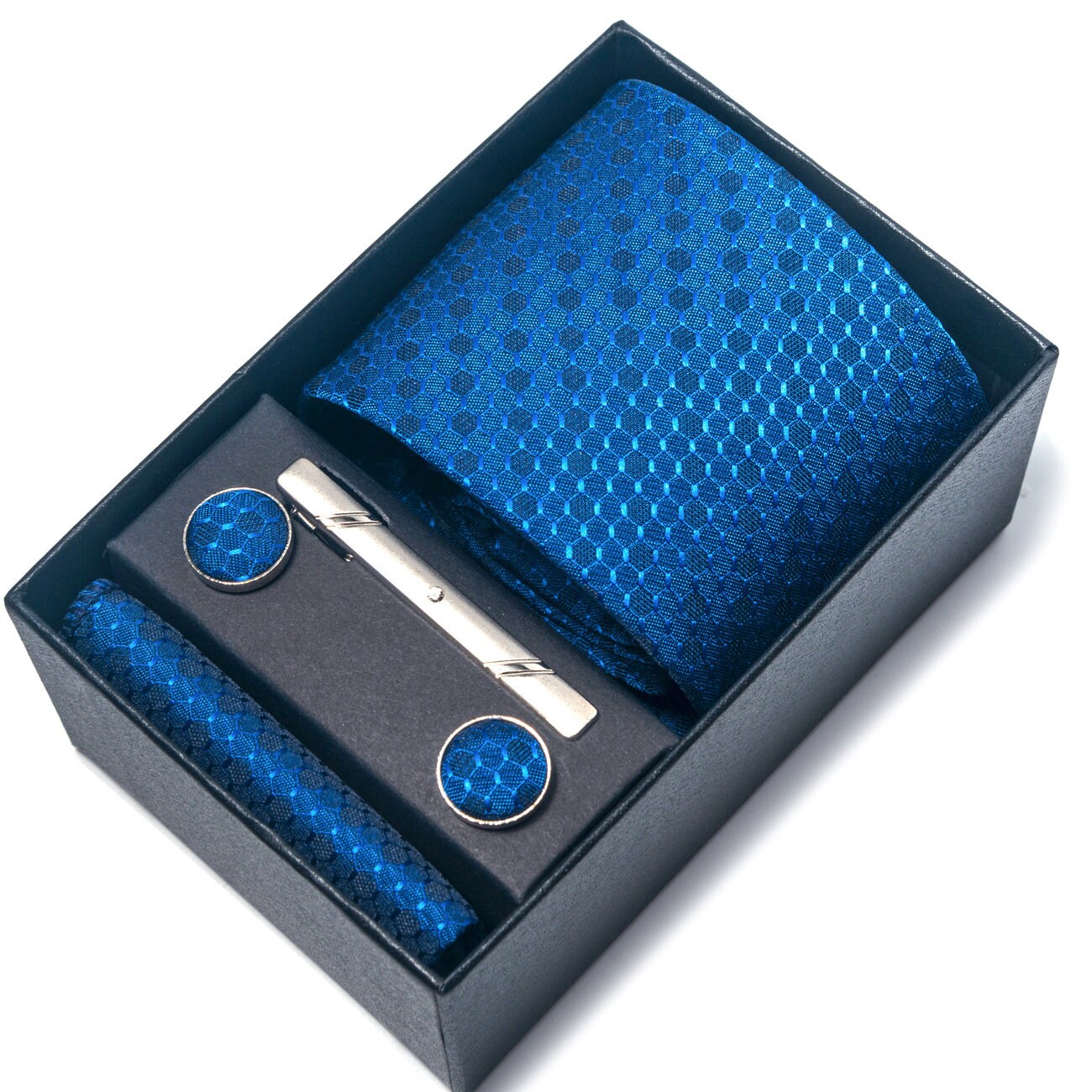 Ocean Blue honeycomb Pattern Tie Set / Pocket Square, Bowtie, Tie Clip, Cufflinks / Gift for Him / Wedding Groomsmen Gift / Men's Present