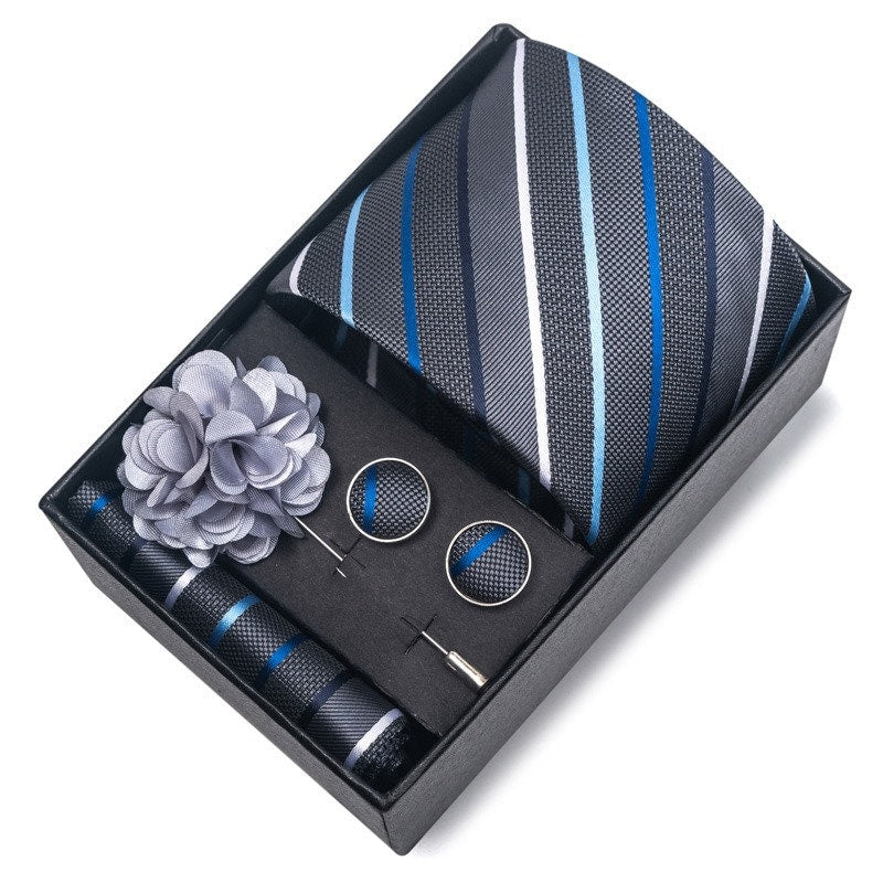 Gray Blue Stripe Pattern Tie Set / Pocket Square, Bowtie, Tie Clip, Cufflinks / Gift for Him / Wedding Groomsmen Gift / Men's Gift Box