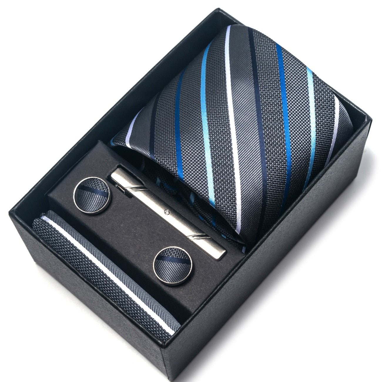 Gray Blue Stripe Pattern Tie Set / Pocket Square, Bowtie, Tie Clip, Cufflinks / Gift for Him / Wedding Groomsmen Gift / Men's Gift Box