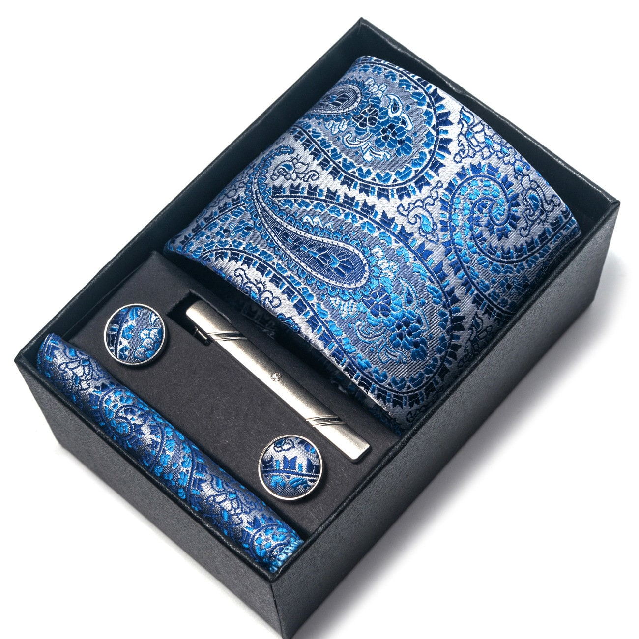 Silver Blue Floral Pattern Tie Set / Pocket Square, Bowtie, Tie Clip, Cufflinks / Gift for Him / Wedding Groomsmen Gift / Men Present Box