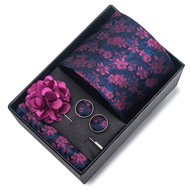 Purple Floral Pattern Tie Set / Pocket Square, Bowtie, Tie Clip, Cufflinks / Gift for Him / Wedding Groomsmen Gift / Men's Gift Box