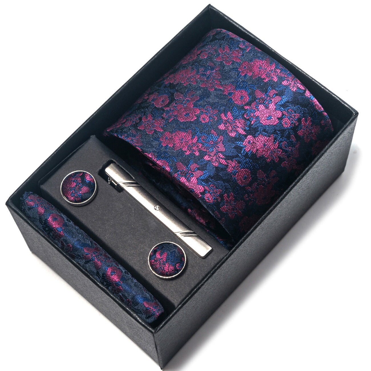 Purple Floral Pattern Tie Set / Pocket Square, Bowtie, Tie Clip, Cufflinks / Gift for Him / Wedding Groomsmen Gift / Men's Gift Box