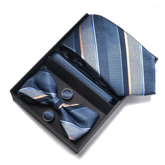 Silver Blue Stripe Pattern Tie Set / Pocket Square, Bowtie, Tie Clip, Cufflinks / Gift for Him / Wedding Groomsmen Gift / Men's Gift Box