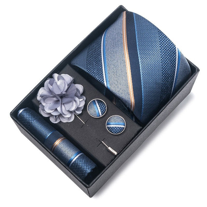 Silver Blue Stripe Pattern Tie Set / Pocket Square, Bowtie, Tie Clip, Cufflinks / Gift for Him / Wedding Groomsmen Gift / Men's Gift Box