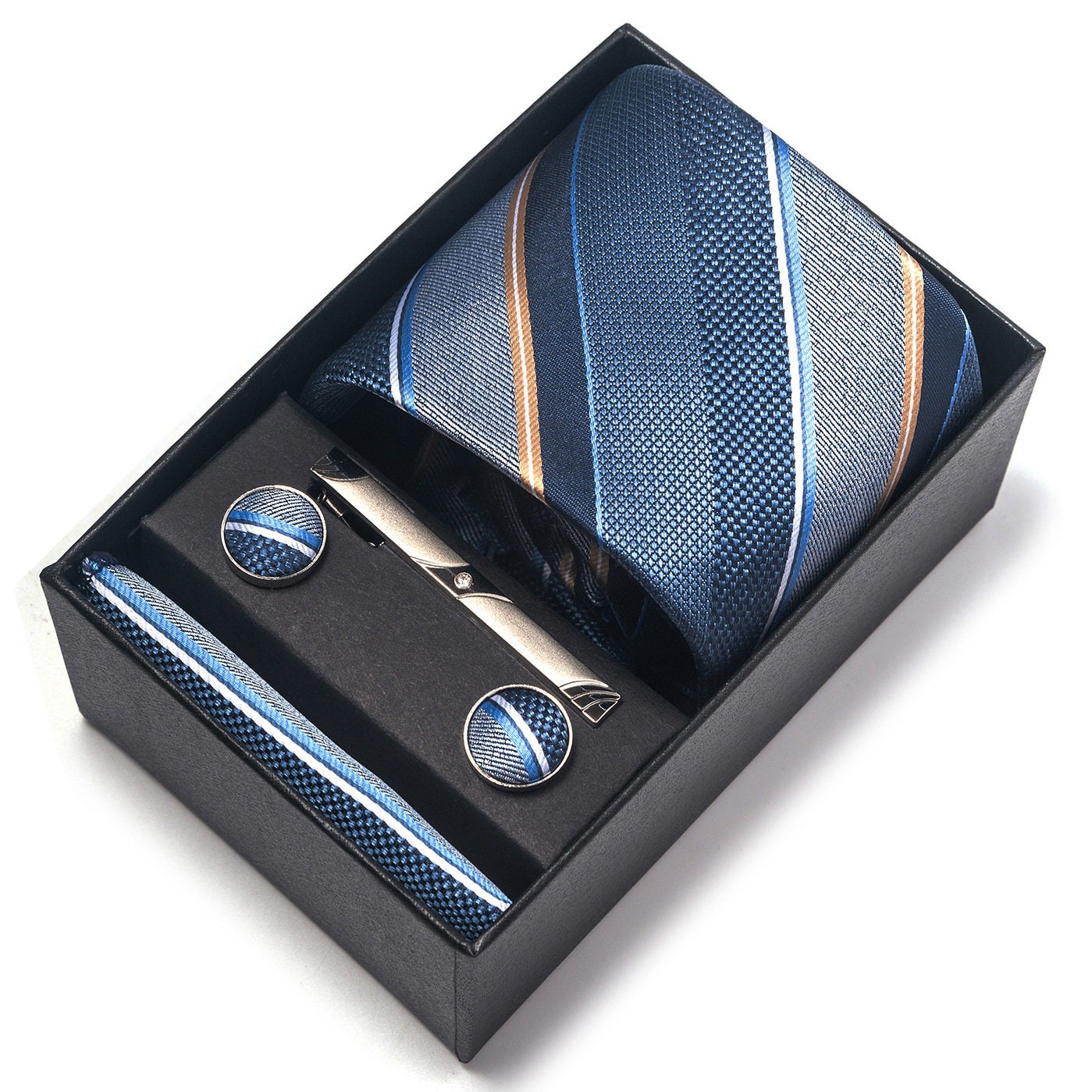 Silver Blue Stripe Pattern Tie Set / Pocket Square, Bowtie, Tie Clip, Cufflinks / Gift for Him / Wedding Groomsmen Gift / Men's Gift Box